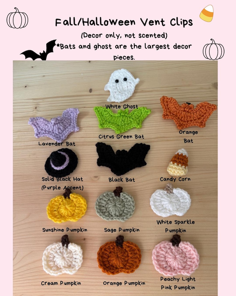 Puede incluir: Una colecci&oacute;n de clips de ventilaci&oacute;n de ganchillo para oto&ntilde;o y Halloween que incluye un fantasma blanco, murci&eacute;lagos en lavanda, verde c&iacute;trico, naranja y negro, un sombrero negro con acento morado, ma&iacute;z dulce y calabazas en amarillo sol, salvia, blanco brillante, crema, naranja y rosa melocot&oacute;n.