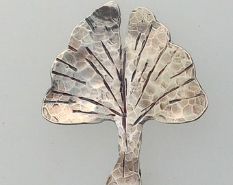 Sterling Silver Ginkgo Leaf Pendant, Hammered, Textured, Patination, Rustic Jewelry Arts & Crafts Style Ravenstone