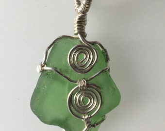 Wire-Wrapped Sea Glass Pendant, Silver Toned Wire, Green Glass, Handmade Necklace by RavenstoneHandcrafts with Black Cord, Spiral Accents