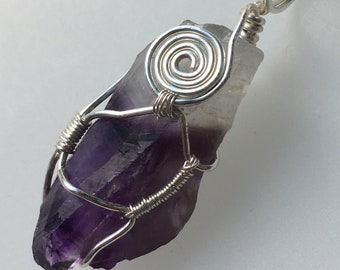 Wire-Wrapped Amethyst Crystal Pendant, Silver Toned Wire, Purple and Clear Stone, Raw Crystal Necklace by RavenstoneHandcrafts