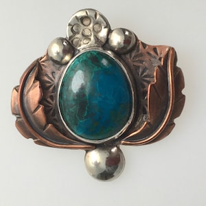 Chrysocolla Stone Pendant: Copper & Sterling Silver, Leaf Accents