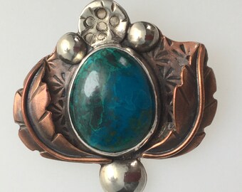 Copper & Sterling Silver Pendant w/ Chrysocolla Stone, Blue-Green Cabochon, Leaf / Feather Accents,  Oval, Ravenstone Handcrafts