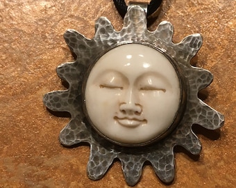 Buddha or Moon Goddess Pendant in Sterling Silver Setting, Handcrafted Jewelry, Carved Bone, Moon Face, Ravenstone Handcrafts Necklace
