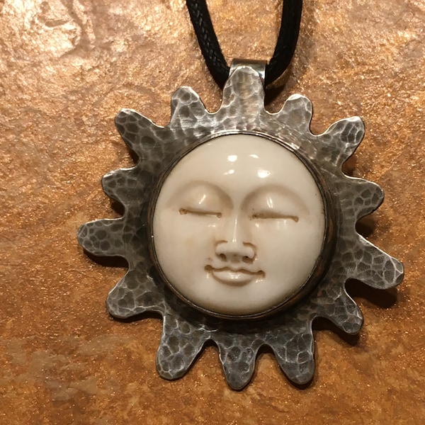 Buddha or Moon Goddess Pendant in Sterling Silver Setting, Handcrafted Jewelry, Carved Bone, Moon Face, Ravenstone Handcrafts Necklace