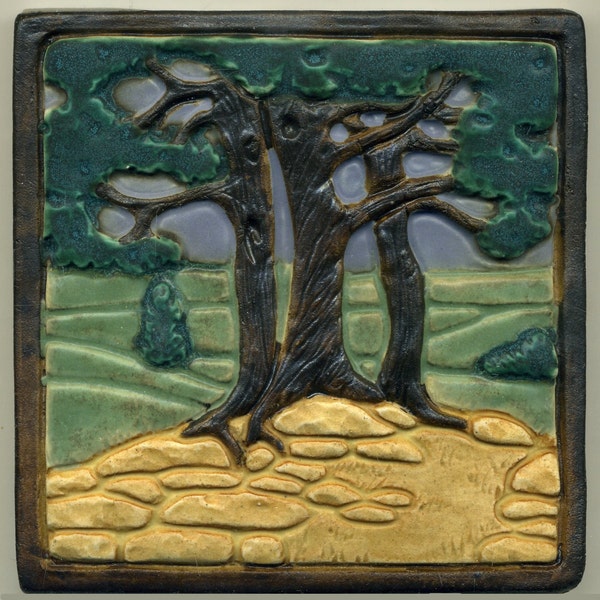 Craftsman style Oak Grove Tile with Trees and Fields 6" square Art Tile