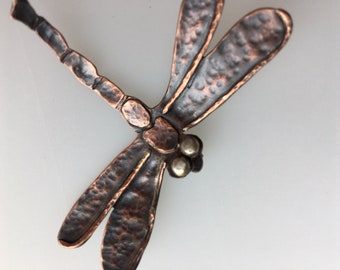 Copper Dragonfly Pendant, Hammered, Patination, Silver Accents,  Rustic Jewelry Arts & Crafts, Craftsman Style, Ravenstone