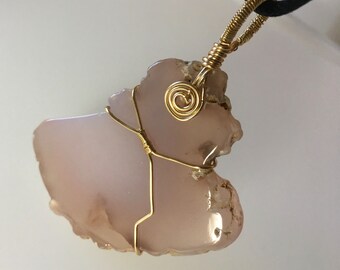 Wire-Wrapped Agate Pendant, Gold Toned Wire, Polished Stone, Handmade Necklace by RavenstoneHandcrafts w/ Black Cord, Pink and Lavender