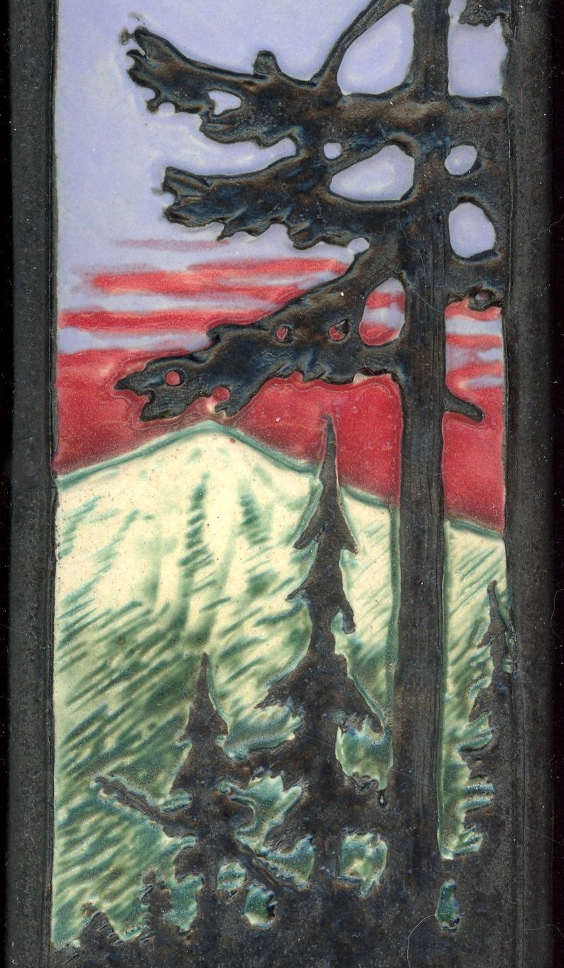 Two Tree Tiles with River and Mountain Wilderness Scene at Sunset Art Tiles 12 x 4- Craftsman Style Solitary Fir Pine Tree Tile Set