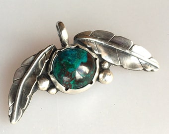 Sterling Silver Pendant w/ Chrysocolla Stone, Blue-Green Cabochon, Leaf / Feather Accents, Necklace, Tiny Sculpture, RavenstoneHandcrafts