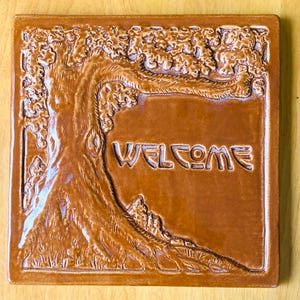 Old Oak Welcome Tile: Craftsman Style, Burnt Orange Ceramic, 7.5&quot; Square