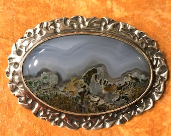 Sterling Silver Pendant w/ Agate Landscape Cabochon, Necklace by Ravenstone, Jewelry with Miniature Mountain Scene