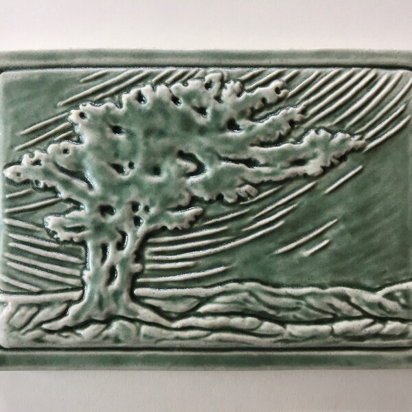 Craftsman Style Windswept Tree Tile - Satiny Green Glaze - Handmade Ceramic Art Tile - Arts & Crafts design 6" x 8 1/2" Ravenstone Tiles