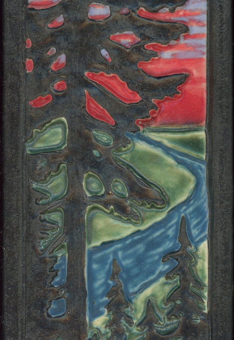 Two Tree Tiles with River and Mountain Wilderness Scene at Sunset Art Tiles 12 x 4- Craftsman Style Solitary Fir Pine Tree Tile Set