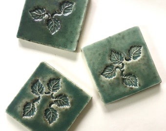 Three Leafy Green Accent Tiles - Set of 3 Handmade Art Tiles - 4" Square - Impressed Leaf Accents -  Pine Green Glaze - Ravenstone Tiles