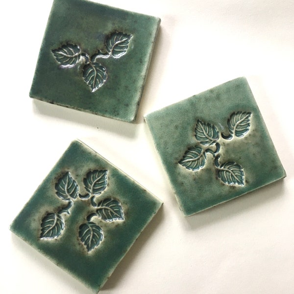 Three Leafy Green Accent Tiles - Set of 3 Handmade Art Tiles - 4" Square - Impressed Leaf Accents -  Pine Green Glaze - Ravenstone Tiles