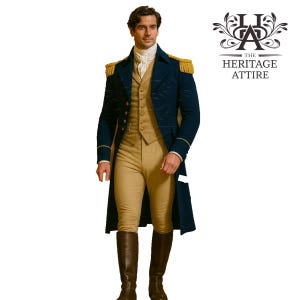 May include: A navy blue historical coat with gold epaulets and trim, worn over a tan vest and pants. The outfit includes a white cravat and tall brown boots. The Heritage Attire logo is visible.