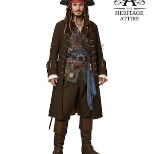 May include: A full-length image of a pirate costume. The costume includes a brown coat, vest, pants, and boots. The pirate is wearing a black hat with a red bandana, and has dreadlocks. The Heritage Attire logo is in the upper right corner.