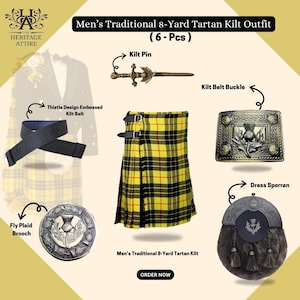 Kilt tradicional escocés de las Tierras Altas para hombre, de 8 yardas. Lana acrílica gruesa de 16 oz. Disponible en diferentes tartanes por Heritage Attire.