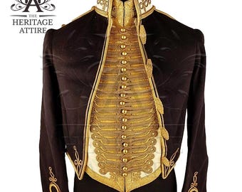 May include: A black military jacket with gold trim and buttons. The jacket has a high collar and a fitted silhouette. The jacket is decorated with gold braid and buttons.