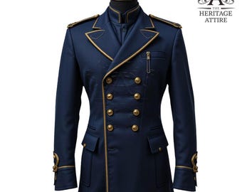 Navy Blue Asymmetrical Military Style Long Coat | Gold Trimmed Formal Men's Officer Jacket | Ceremonial Uniform Inspired Tailcoat