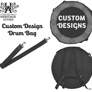 May include: Black drum bag with a shoulder strap. The bag features the text "Custom Designs" in white on a black background, framed by a Celtic knot design. The Heritage Attire logo is also visible. The bag has a backpack-style design.