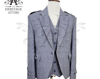 May include: A gray three-piece suit with a vest and matching jacket. The jacket has a single button closure and flap pockets. The vest has a button closure and a single pocket. The suit is made of a textured fabric.