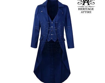 May include: A navy blue tailcoat with a matching vest. The coat has a notched lapel, two front pockets, and decorative buttons. The Heritage Attire logo is in the upper right corner.
