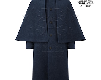 May include: A navy blue wool coat with a cape overlay. The coat features a button-up front, a collar, and a long, straight silhouette. The Heritage Attire logo is in the upper right corner.