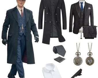 May include: A man in a dark gray overcoat, pinstripe suit, and flat cap. The image also shows a black double-breasted overcoat, a gray suit, a white shirt, a gray tie, a pocket square, a tie clip, and two pocket watches.