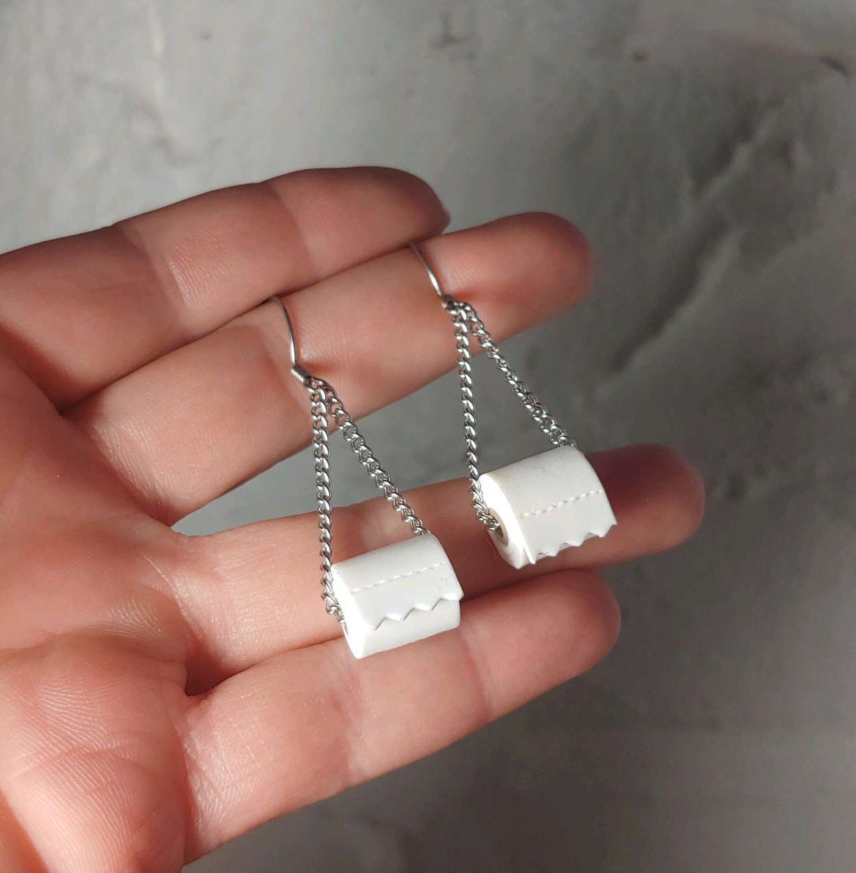 Toilet Paper Roll Dangle Earrings | 2020 | Toilet tissue earrings | Toilet roll earrings | Loo roll novelty | Clip on or Pierced - Thumbnail 3