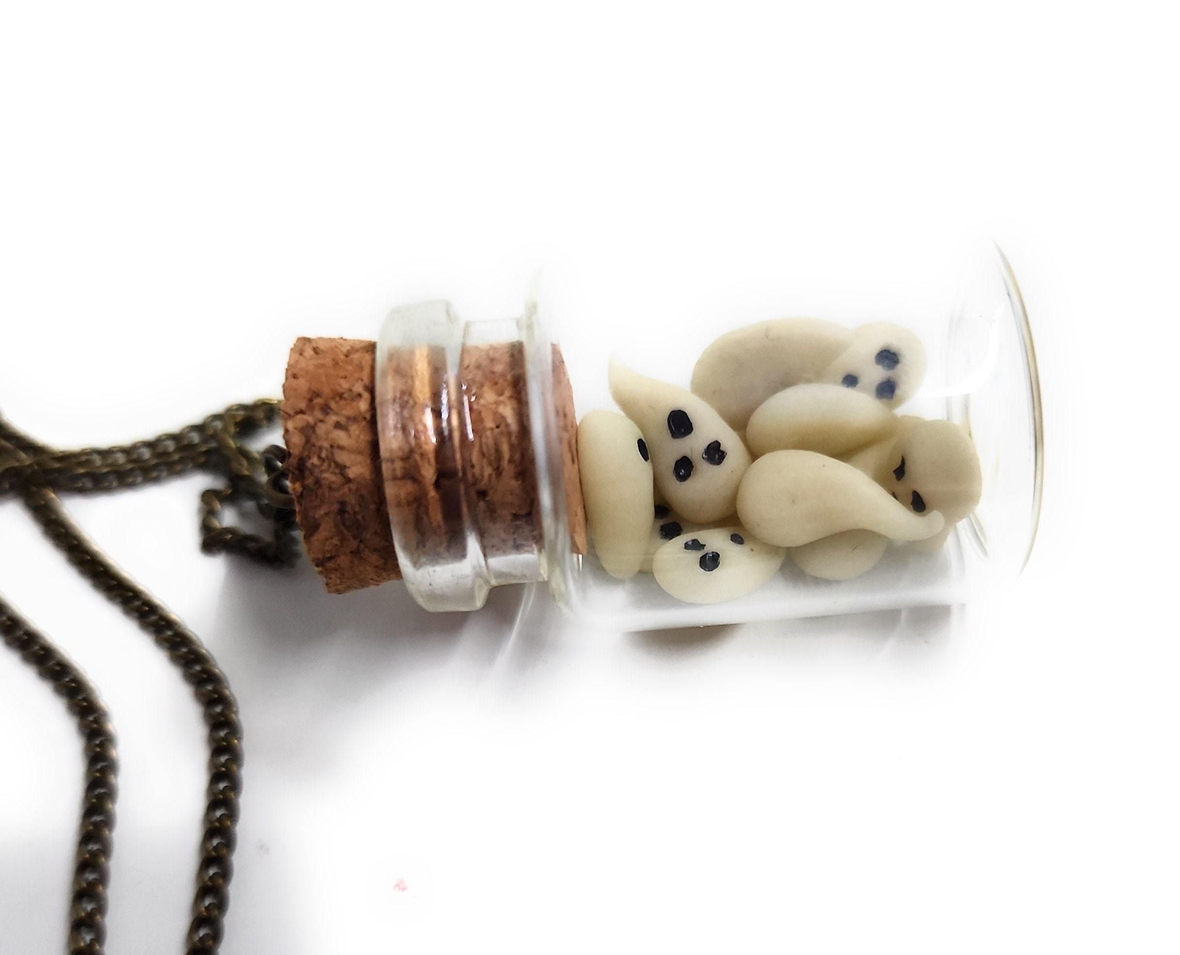 Bottle of Boos Charm Necklace - Halloween ghost pendant in polymer clay in a miniature bottle pet ghost glow in the dark boo - Thumbnail 2