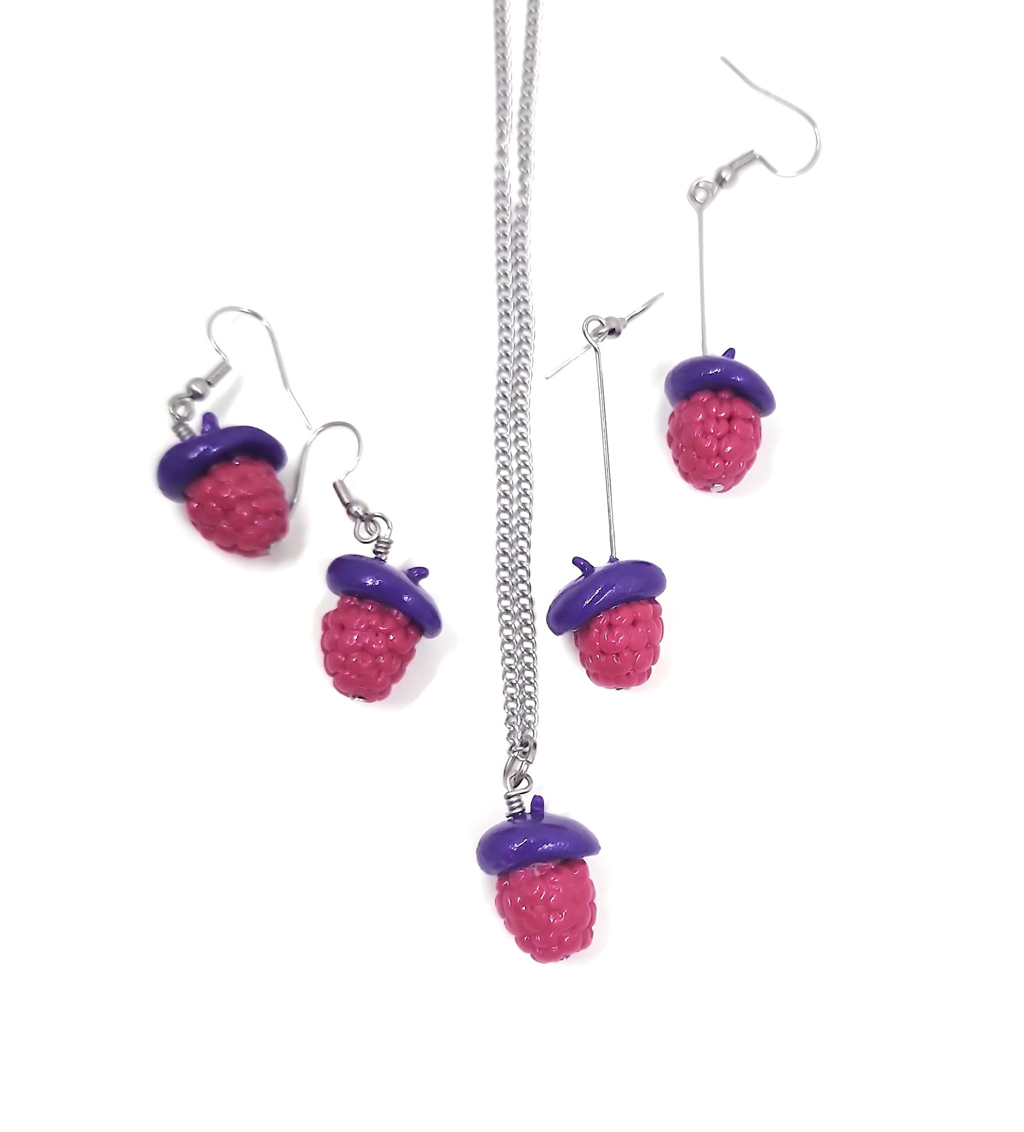 Raspberry Beret Earrings or Necklace Jewelry - Miniature Food Jewelry, Fruit Earrings, Polymer Clay Jewelry - Thumbnail 2