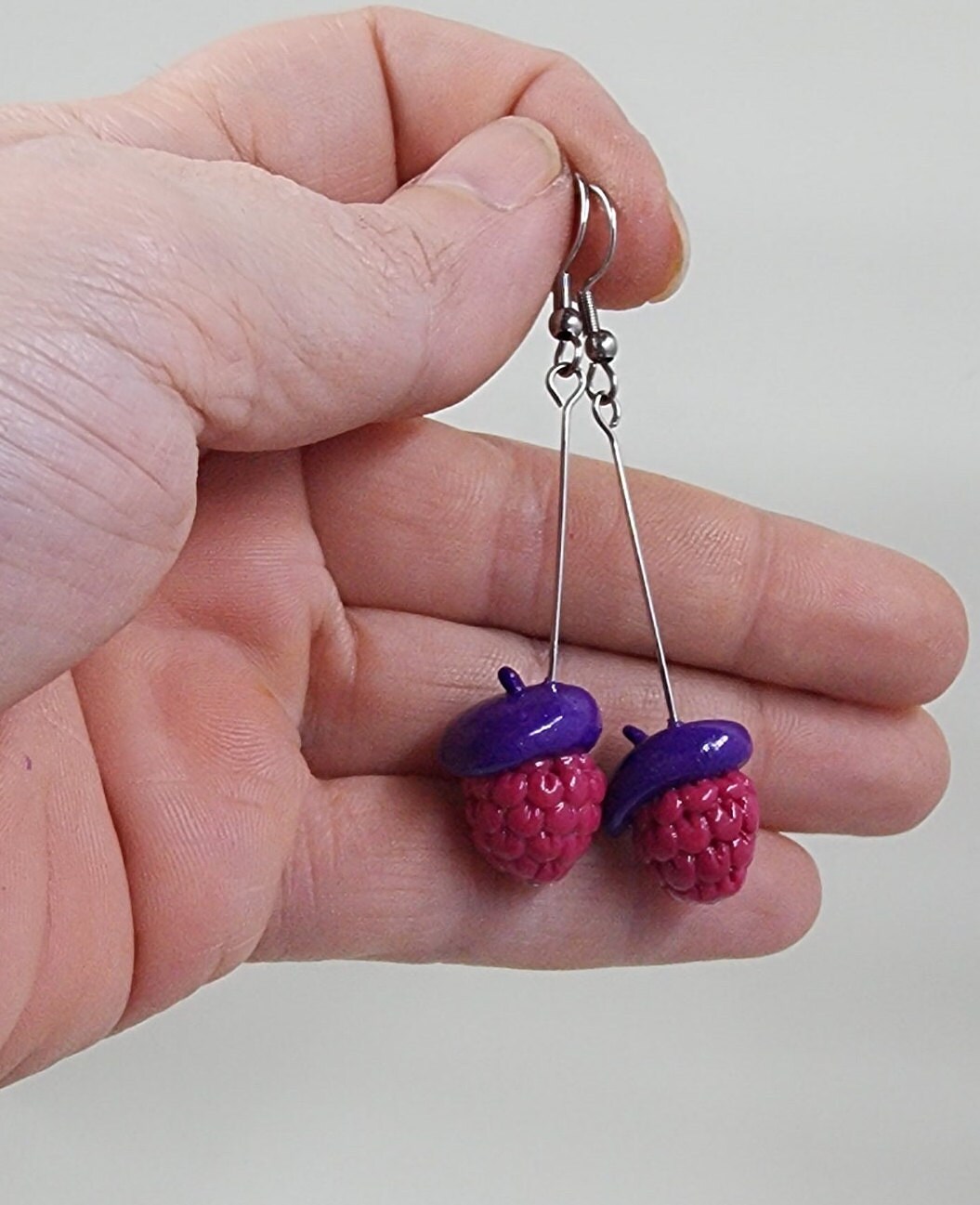 Raspberry Beret Earrings or Necklace Jewelry - Miniature Food Jewelry, Fruit Earrings, Polymer Clay Jewelry - Thumbnail 4