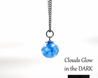 Clouds Pendant Necklace -  Glow in the Dark - Blue Sky - Resin - Celestial - Nature