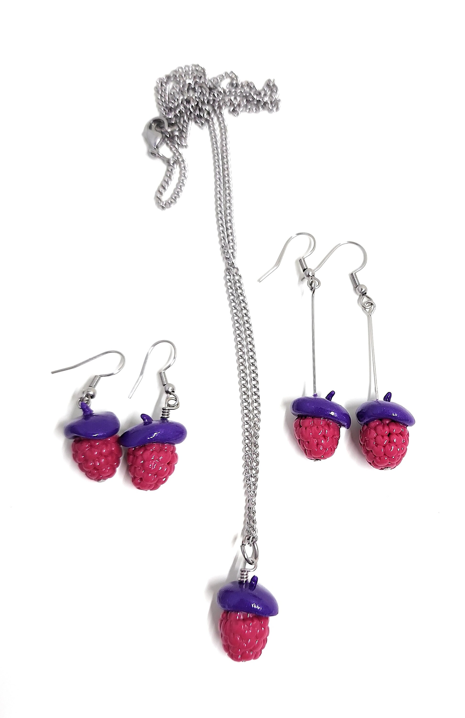 Raspberry Beret Earrings or Necklace Jewelry - Miniature Food Jewelry, Fruit Earrings, Polymer Clay Jewelry - Thumbnail 3