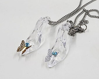 Cinderella Glass Slipper Necklace - Filigree Butterfly Blue Rhinestone - Once Upon a Time Jewelry - Fairy Tales Wedding Cosplay Prom