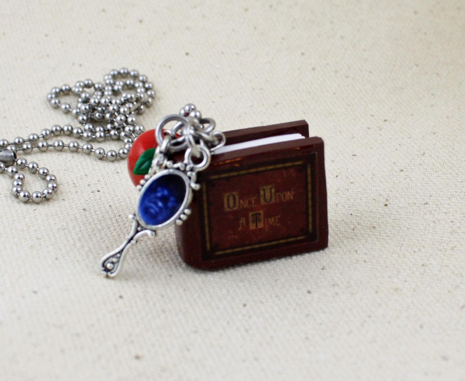 Once Upon A Time Book Necklace V2 - Poison Apple, Queen's Keys and Mirror - snow white - fairy tales - ouat - hook - Jewelry - Librarian - Thumbnail 2
