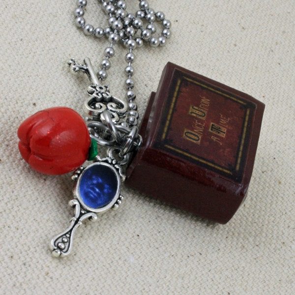 Once Upon A Time Book Necklace V2 - Poison Apple, Queen's Keys and Mirror - snow white - fairy tales - ouat - hook - Jewelry - Librarian
