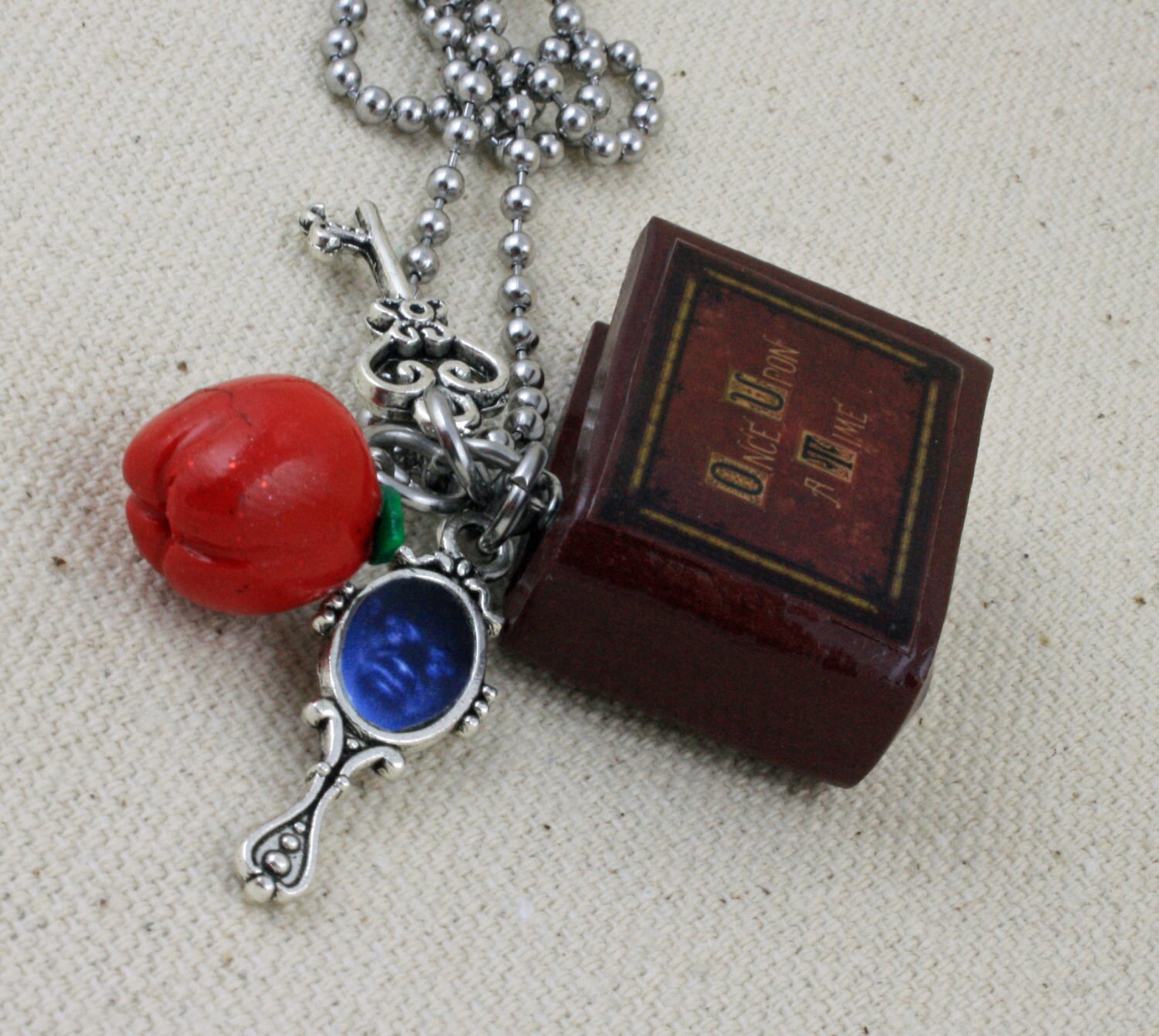 Once Upon A Time Book Necklace V2 - Poison Apple, Queen's Keys and Mirror - snow white - fairy tales - ouat - hook - Jewelry - Librarian
