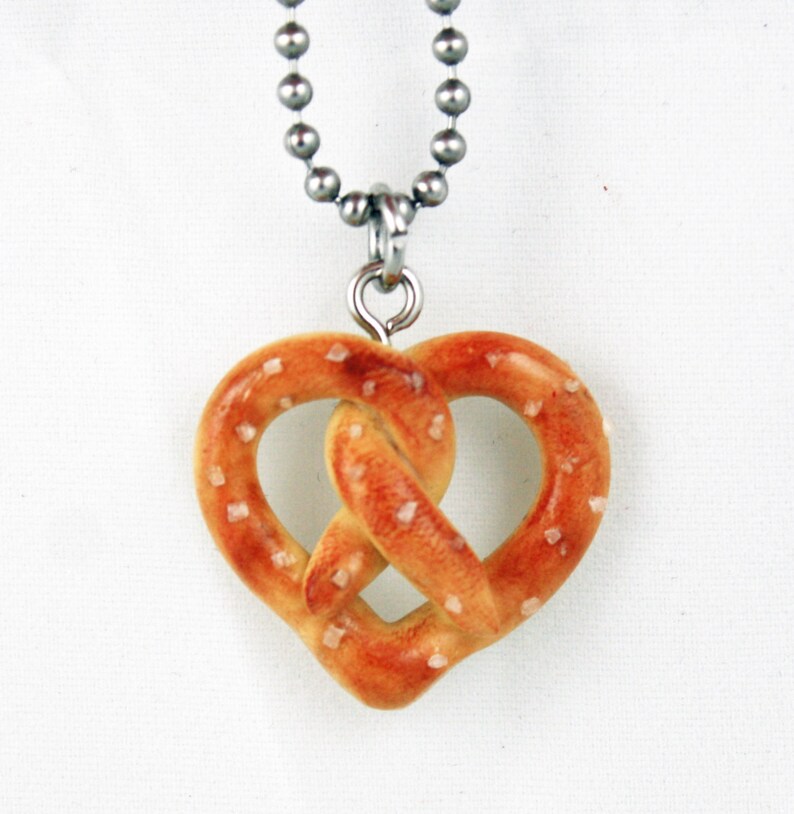 Heart Pretzel Necklace Fake Food Jewelry Salted Polymer Clay Miniature Food image 1