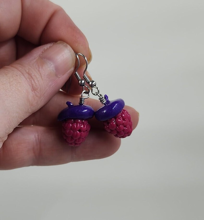 Raspberry Beret Earrings or Necklace Jewelry - Miniature Food Jewelry, Fruit Earrings, Polymer Clay Jewelry - Thumbnail 5