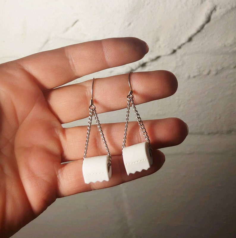 Toilet Paper Roll Dangle Earrings 2020 Toilet tissue earrings Toilet roll earrings Loo roll novelty Clip on or Pierced image 5