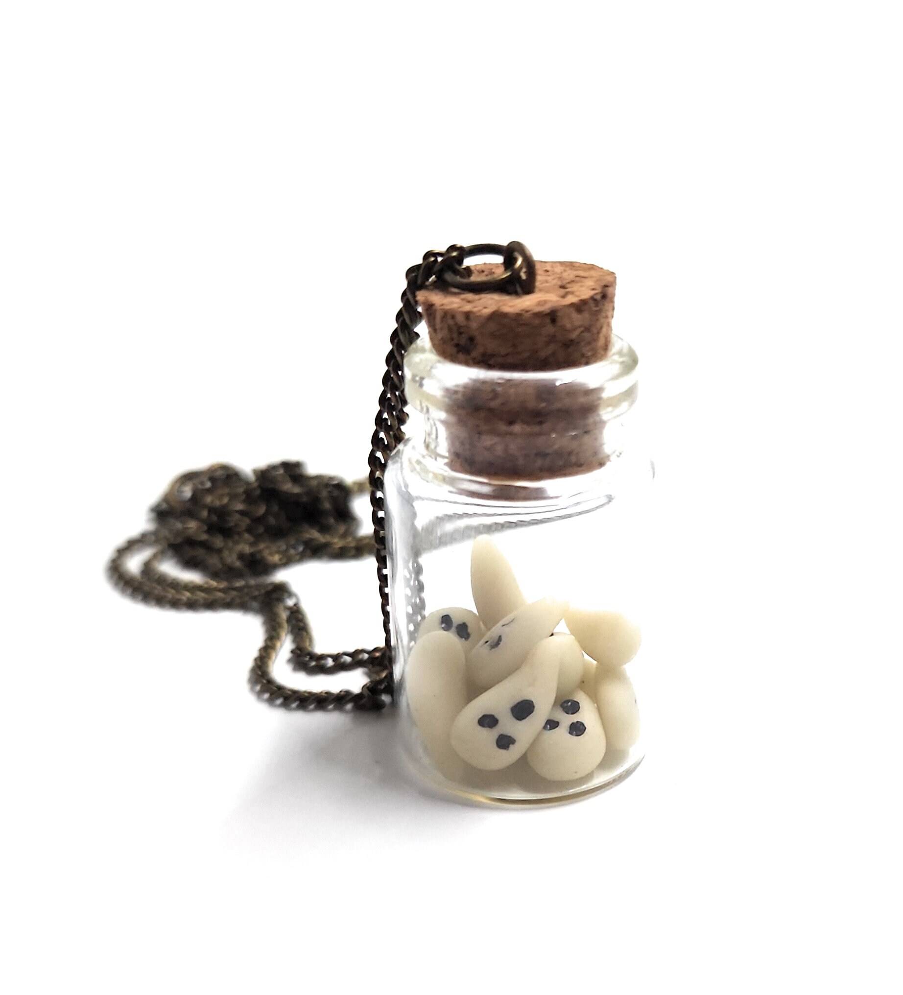 Bottle of Boos Charm Necklace - Halloween ghost pendant in polymer clay in a miniature bottle pet ghost glow in the dark boo