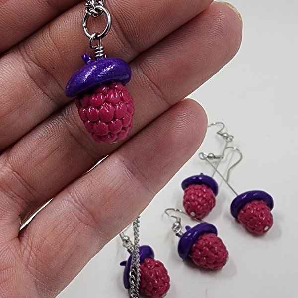 Raspberry Beret Earrings or Necklace Jewelry - Miniature Food Jewelry, Fruit Earrings, Polymer Clay Jewelry