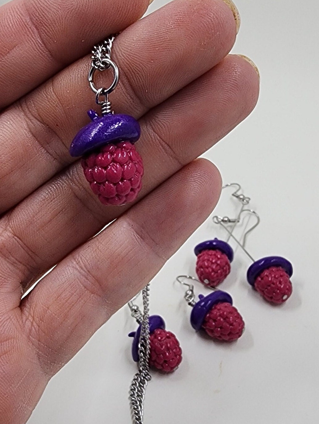 Raspberry Beret Earrings or Necklace Jewelry - Miniature Food Jewelry, Fruit Earrings, Polymer Clay Jewelry