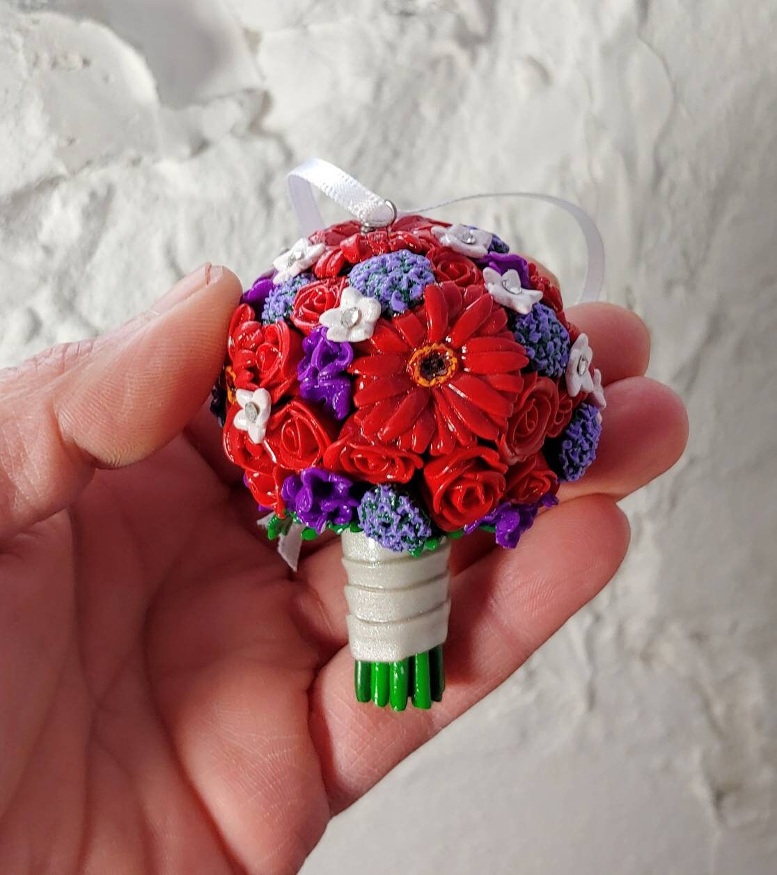 Wedding Bouquet Mini Replica Custom Ornament - Wedding Gift - First Anniversary - Newlyweds Gift - Clay Ornament Shop - Thumbnail 3
