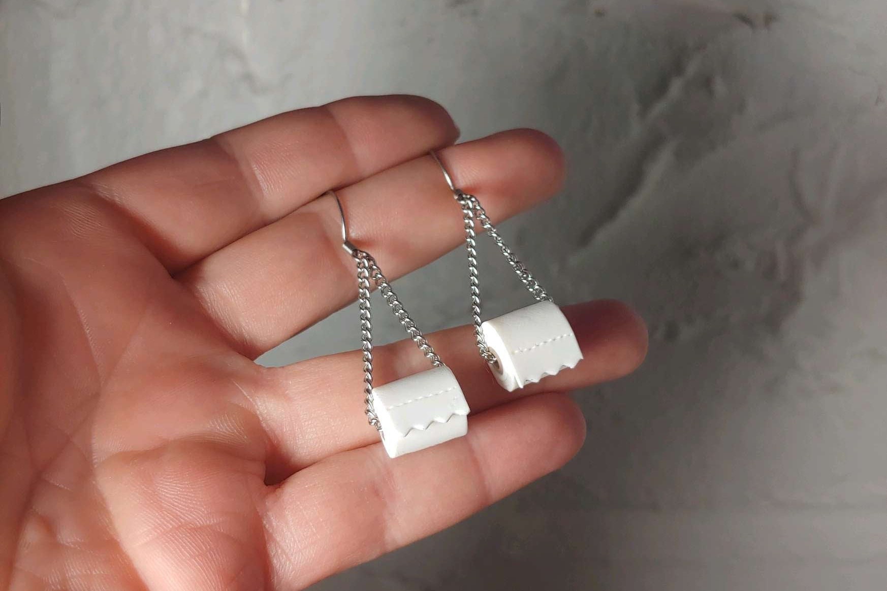 Toilet Paper Roll Dangle Earrings | 2020 | Toilet tissue earrings | Toilet roll earrings | Loo roll novelty | Clip on or Pierced - Thumbnail 2