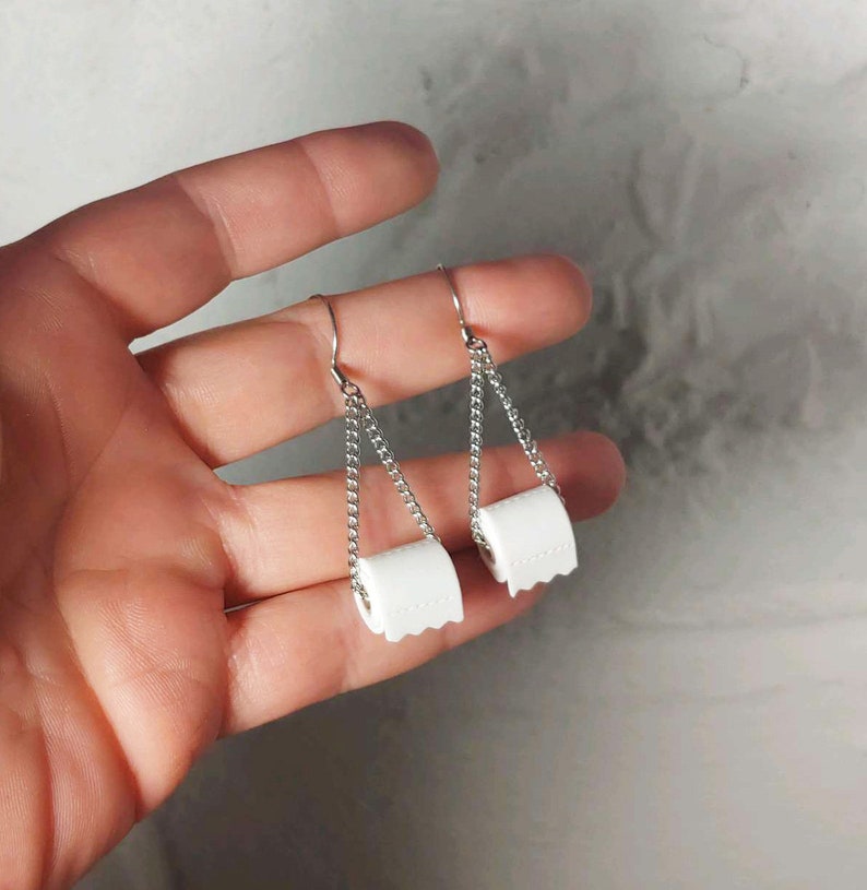 Toilet Paper Roll Dangle Earrings 2020 Toilet tissue earrings Toilet roll earrings Loo roll novelty Clip on or Pierced image 1