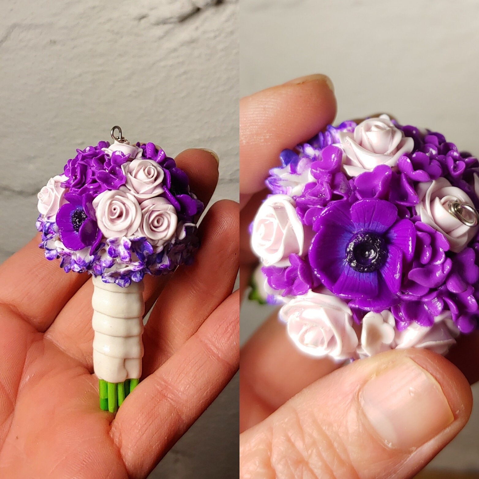 Wedding Bouquet Mini Replica Custom Ornament - Wedding Gift - First Anniversary - Newlyweds Gift - Clay Ornament Shop - Thumbnail 2