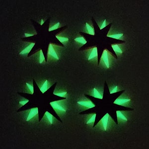Pu&ograve; includere: Quattro adesivi neri a forma di stella che brillano al buio con bordi verdi. Gli adesivi sono disposti in uno schema quadrato.